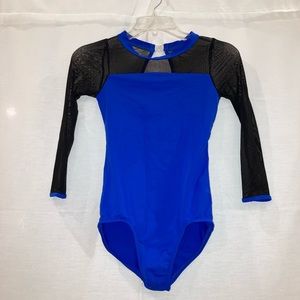 Blue and black quarter length sleeve leotard